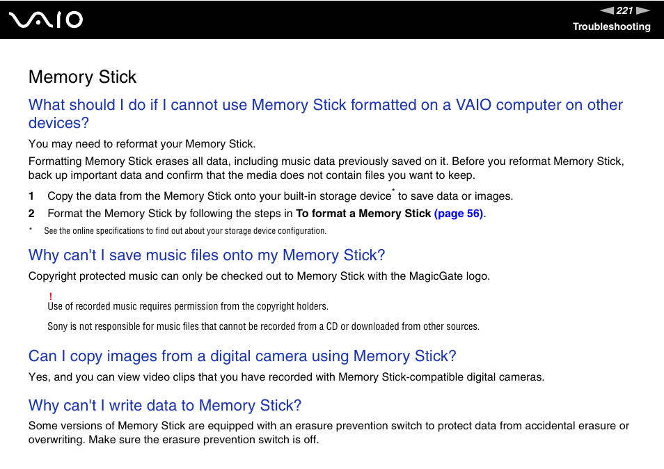 Memory stick | Sony VGN-TT190EIN User Manual | Page 221 / 242