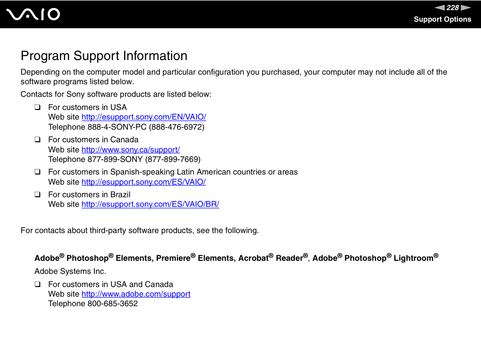 Program support information | Sony VGN-TT190EIN User Manual | Page 228 / 242