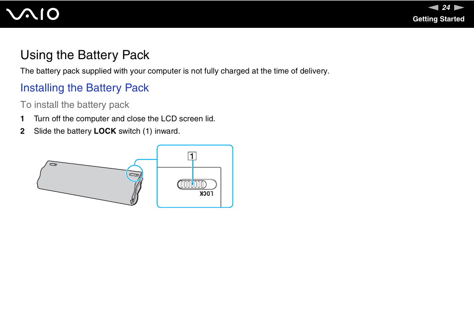 Using the battery pack, Installing the battery pack | Sony VGN-TT190EIN User Manual | Page 24 / 242