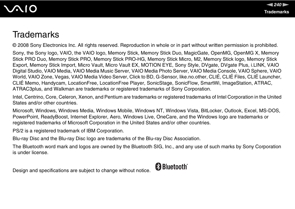 Trademarks | Sony VGN-TT190EIN User Manual | Page 240 / 242