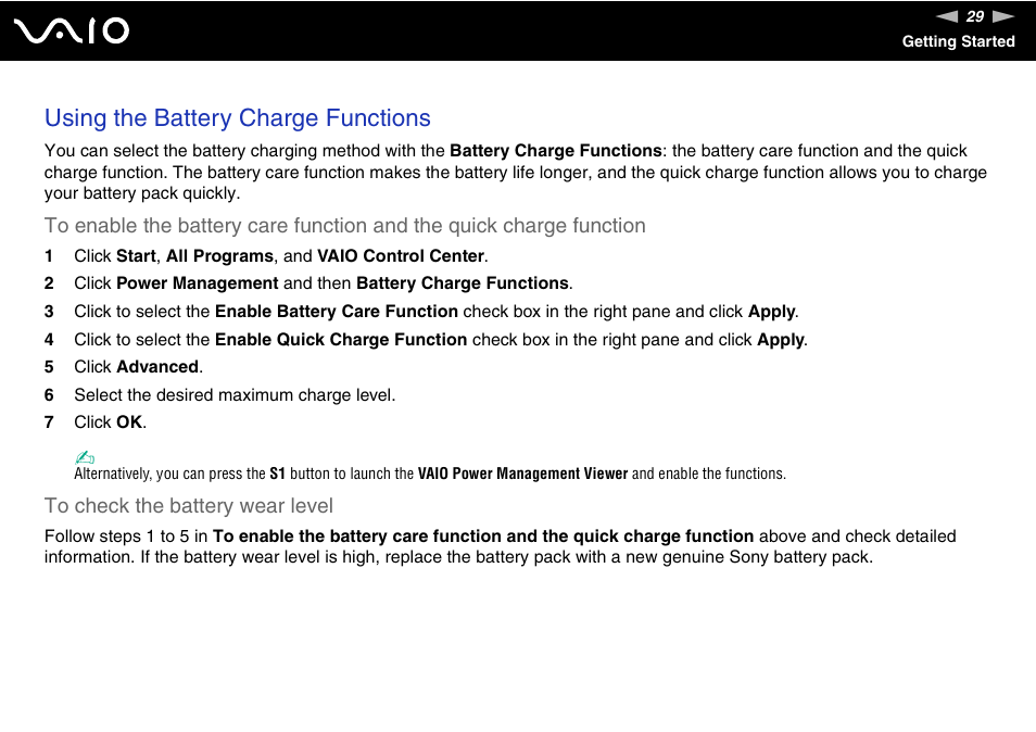 Using the battery charge functions | Sony VGN-TT190EIN User Manual | Page 29 / 242