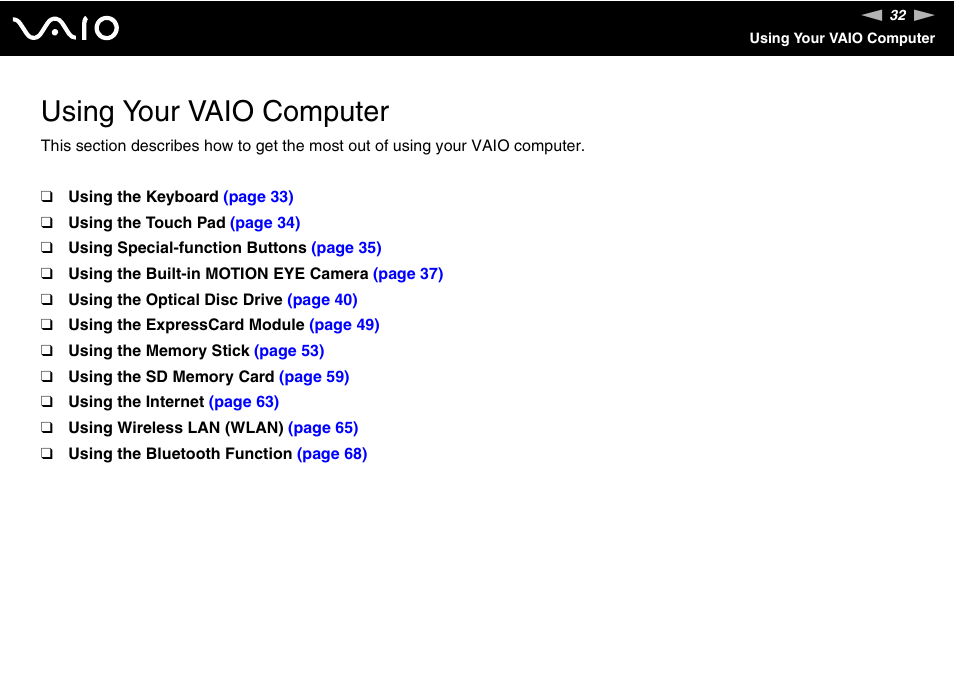 Using your vaio computer | Sony VGN-TT190EIN User Manual | Page 32 / 242