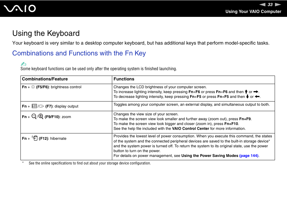 Using the keyboard, Combinations and functions with the fn key | Sony VGN-TT190EIN User Manual | Page 33 / 242