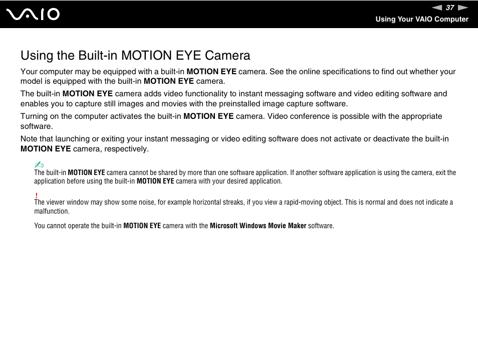 Using the built-in motion eye camera | Sony VGN-TT190EIN User Manual | Page 37 / 242