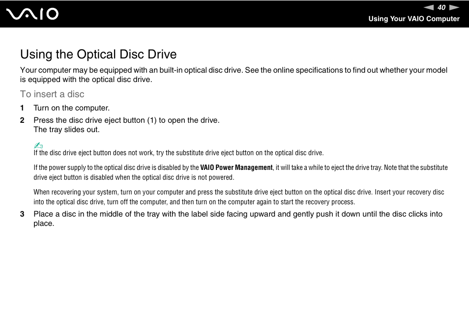 Using the optical disc drive | Sony VGN-TT190EIN User Manual | Page 40 / 242