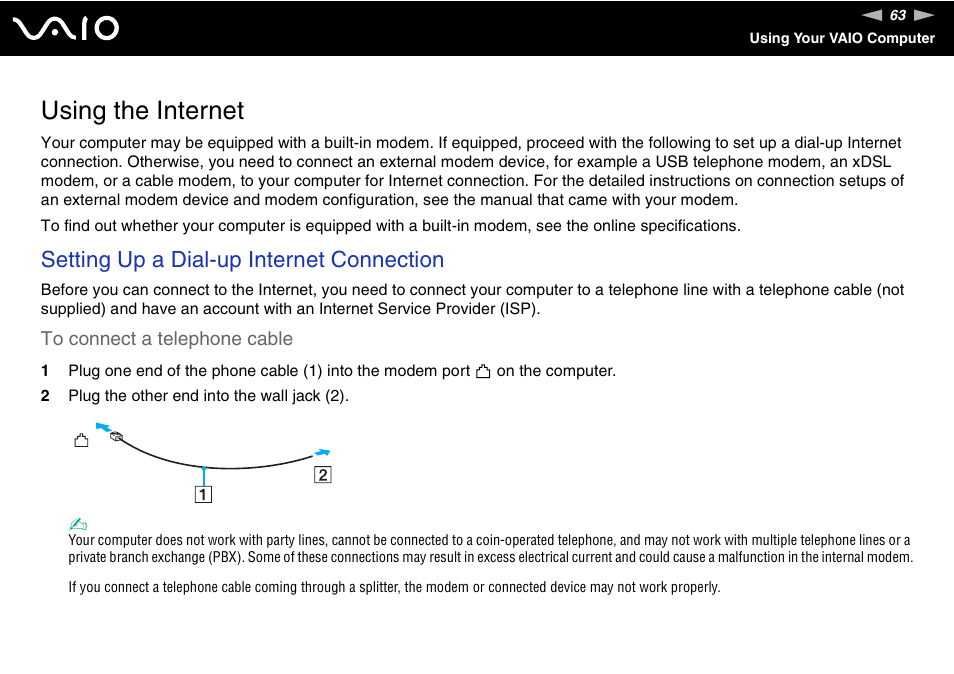 Using the internet, Setting up a dial-up internet connection | Sony VGN-TT190EIN User Manual | Page 63 / 242