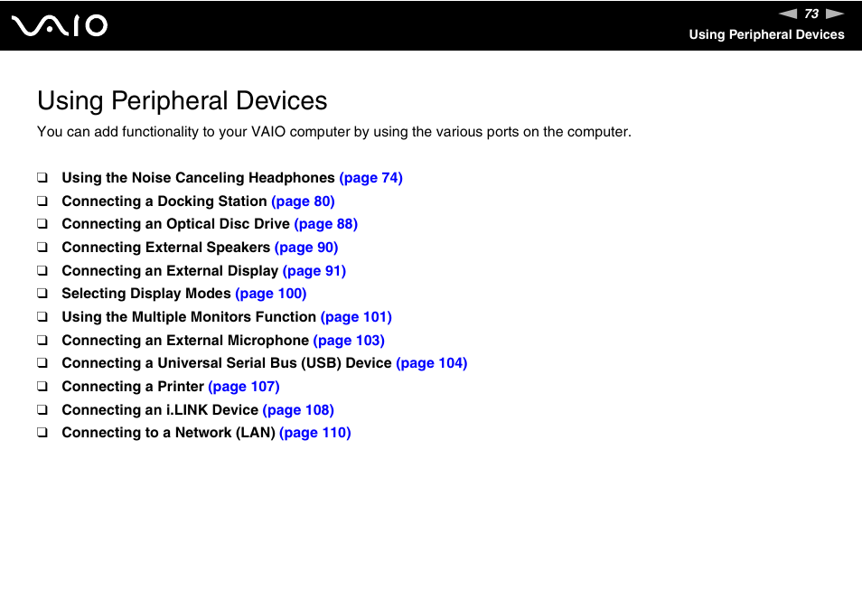 Using peripheral devices | Sony VGN-TT190EIN User Manual | Page 73 / 242