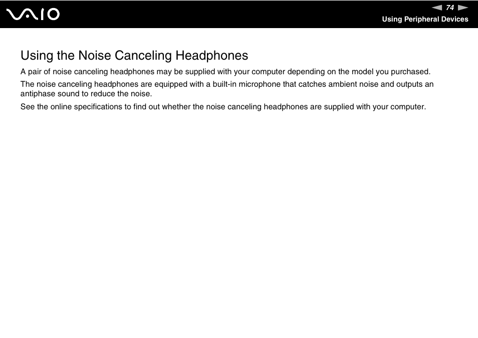 Using the noise canceling headphones | Sony VGN-TT190EIN User Manual | Page 74 / 242