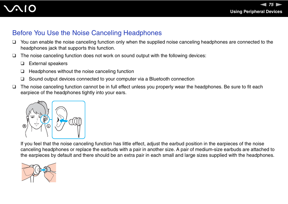 Before you use the noise canceling headphones | Sony VGN-TT190EIN User Manual | Page 75 / 242