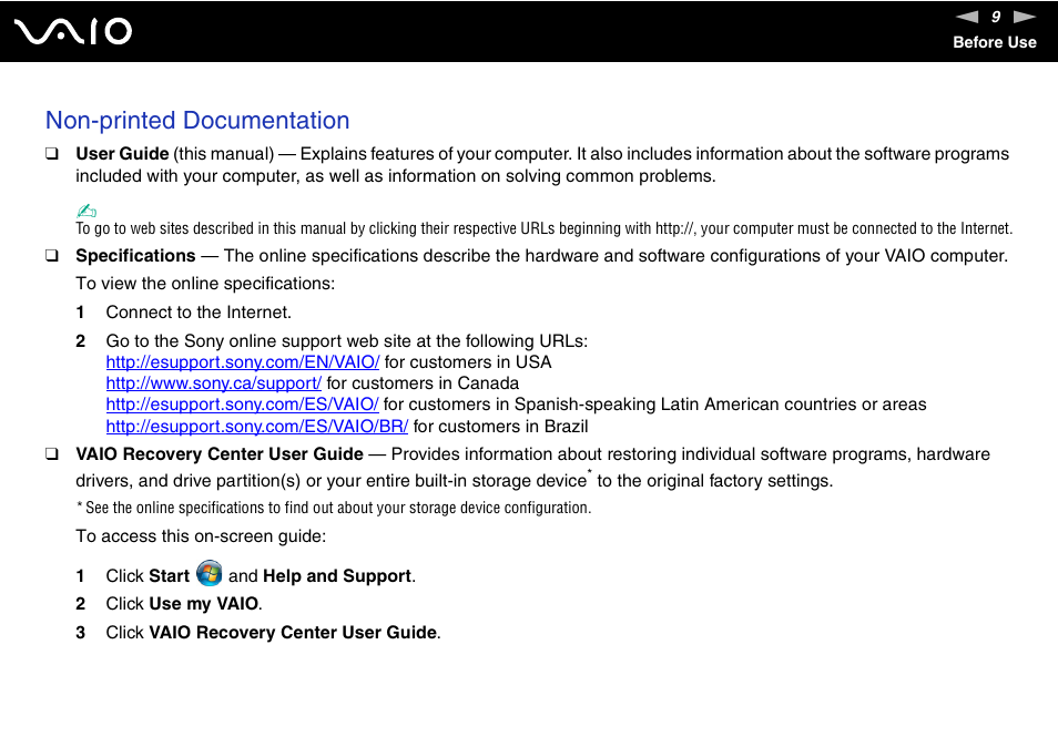 Non-printed documentation | Sony VGN-TT190EIN User Manual | Page 9 / 242