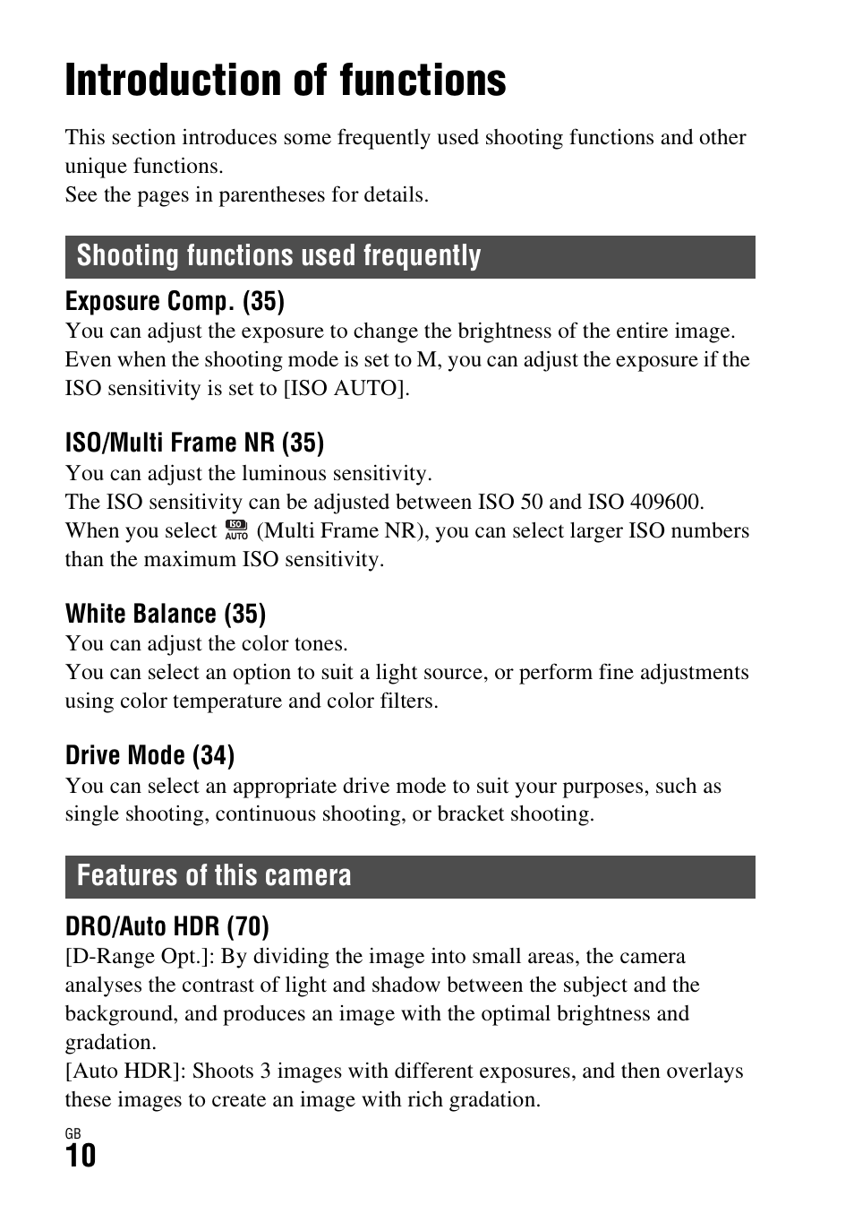 Introduction of functions | Sony ILCE-7S User Manual | Page 10 / 96