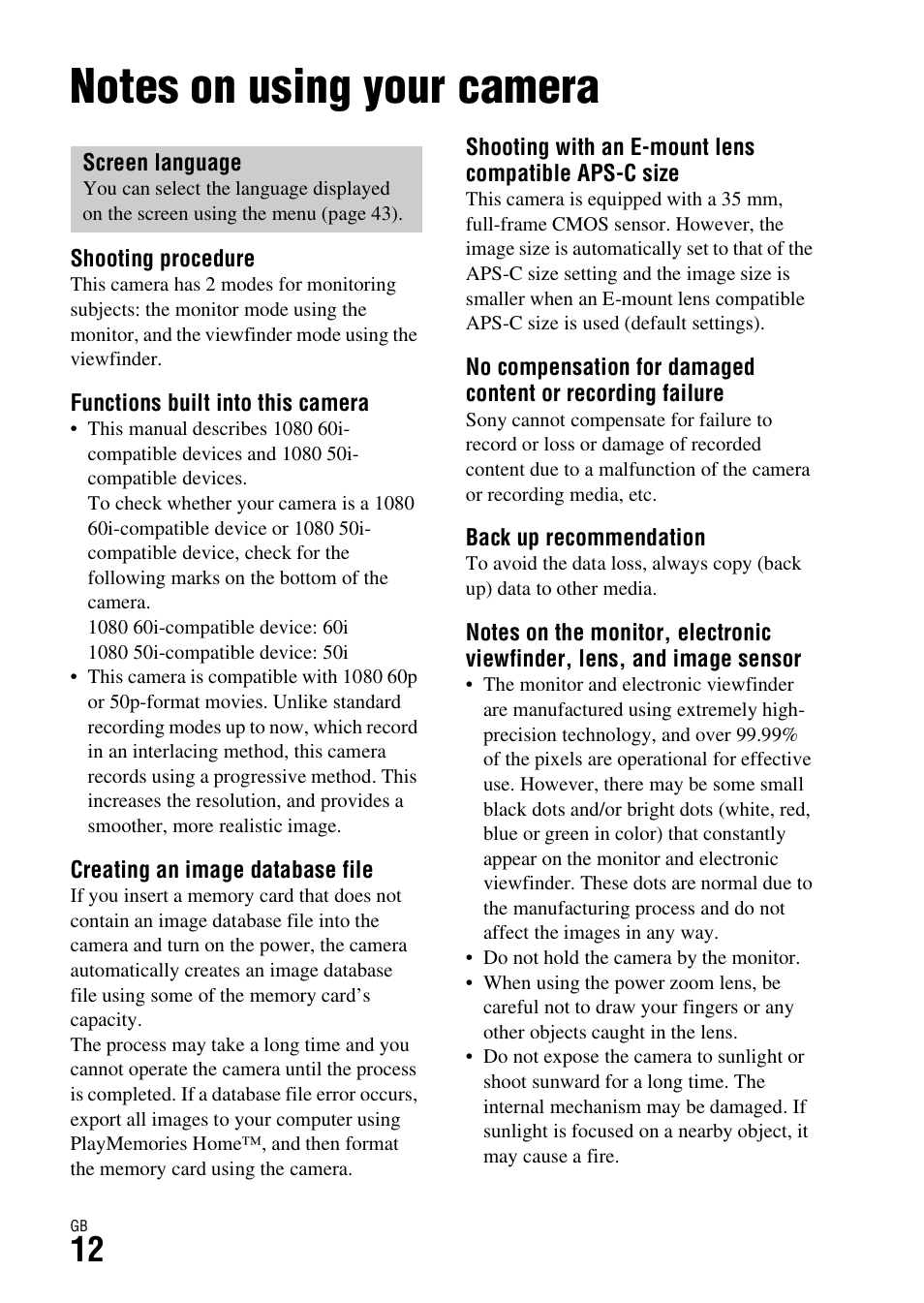 Before use, Notes on using your camera | Sony ILCE-7S User Manual | Page 12 / 96