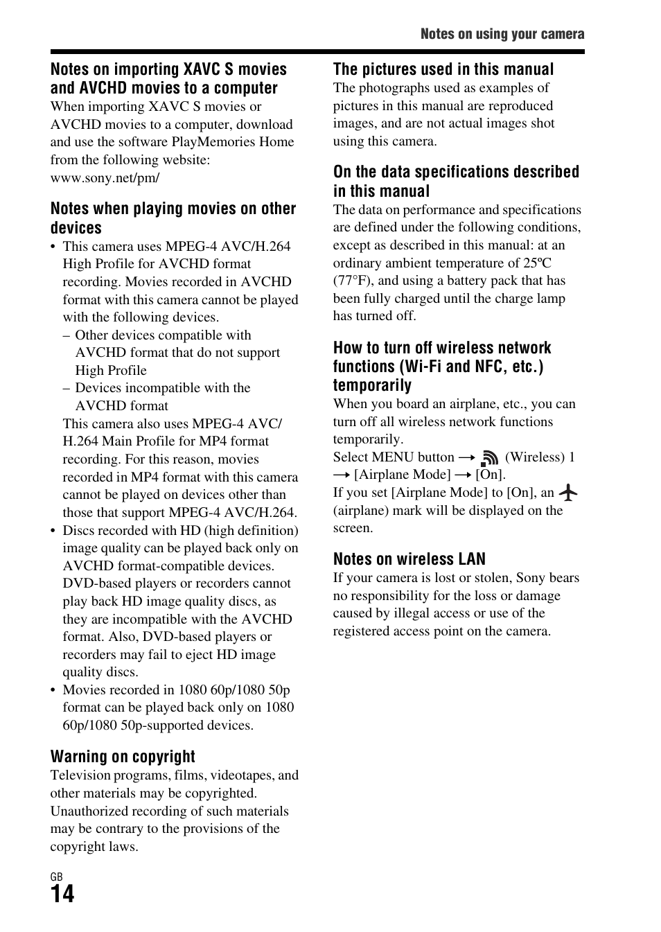 Sony ILCE-7S User Manual | Page 14 / 96