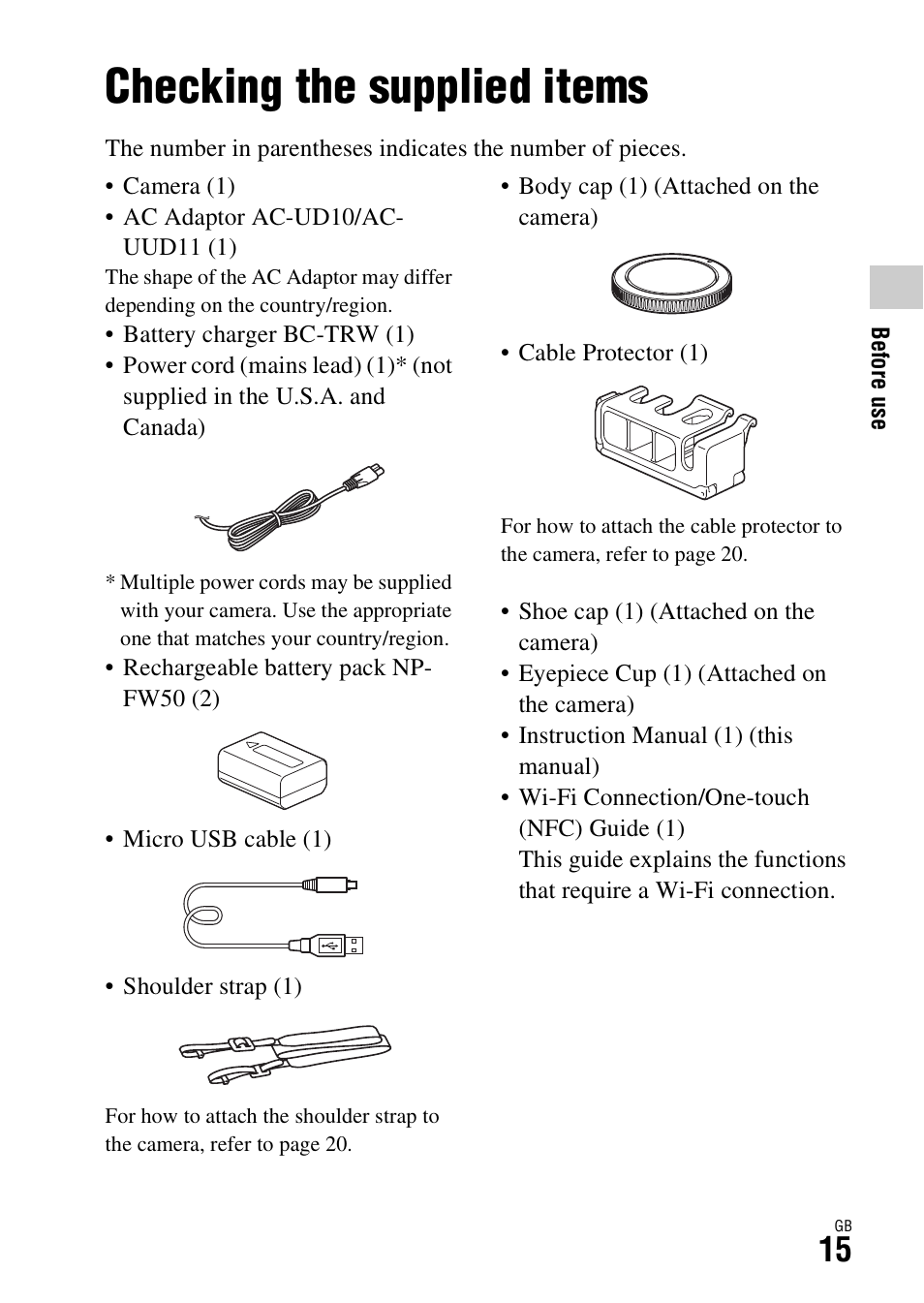 Checking the supplied items, Before use | Sony ILCE-7S User Manual | Page 15 / 96