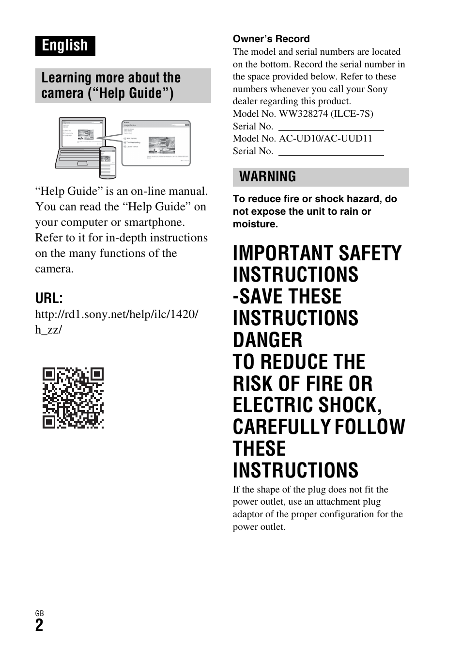 English | Sony ILCE-7S User Manual | Page 2 / 96