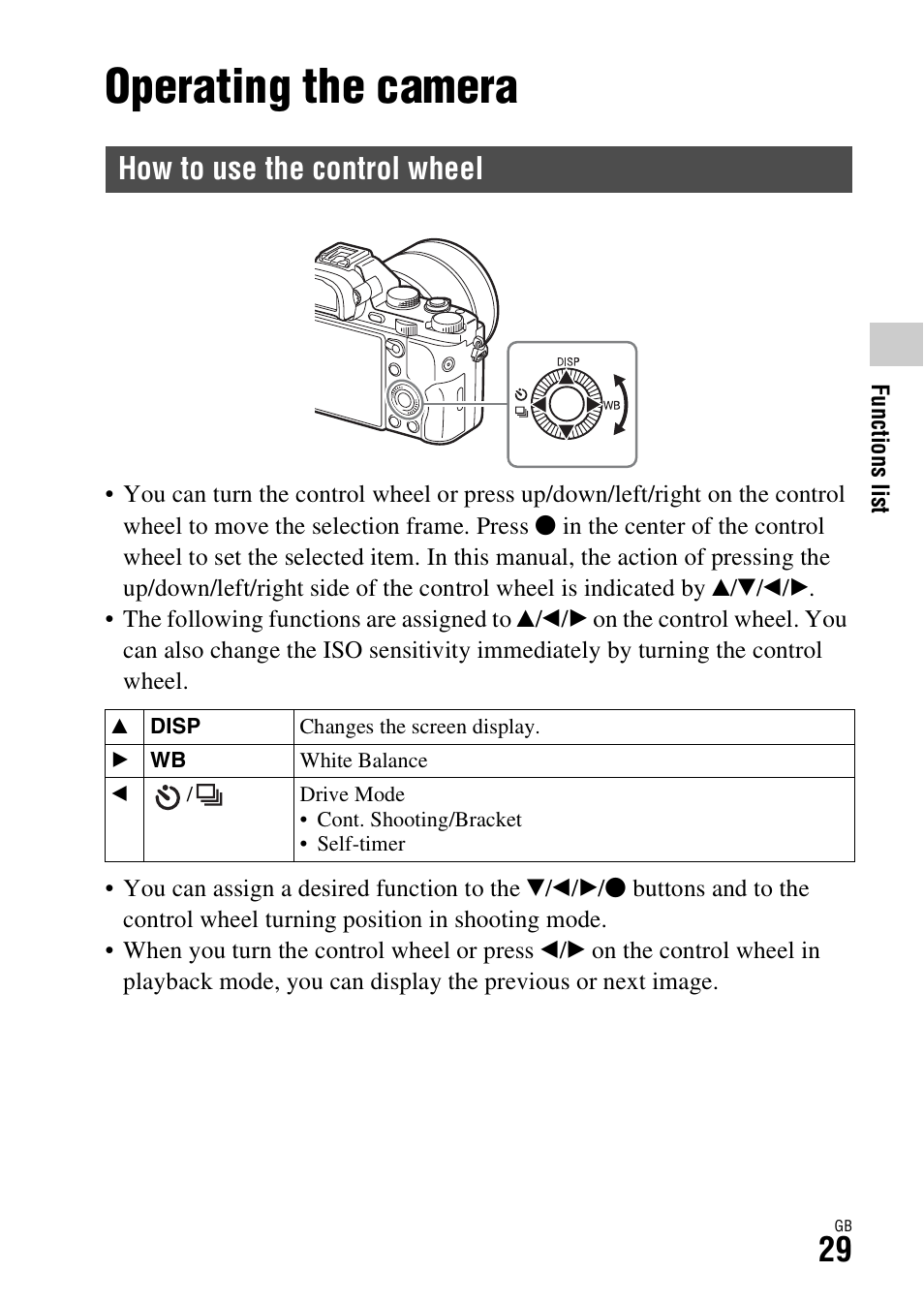 Operating the camera, How to use the control wheel | Sony ILCE-7S User Manual | Page 29 / 96