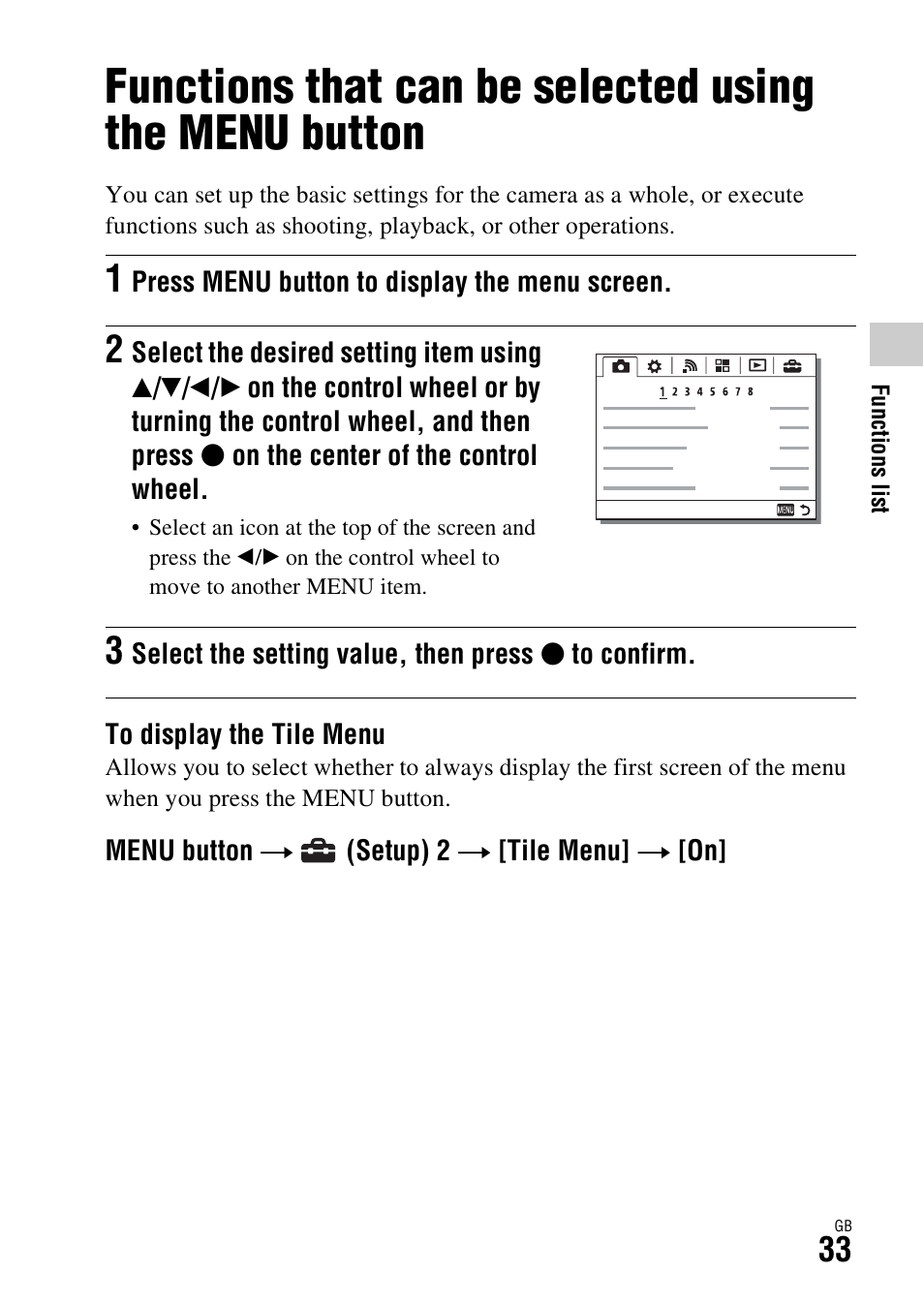 Functions that can be selected using the menu, Button | Sony ILCE-7S User Manual | Page 33 / 96