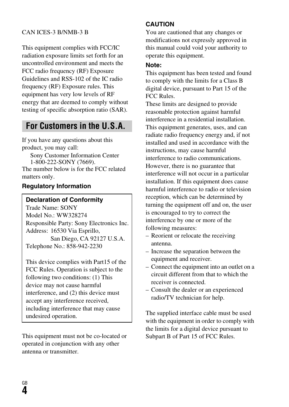 For customers in the u.s.a | Sony ILCE-7S User Manual | Page 4 / 96