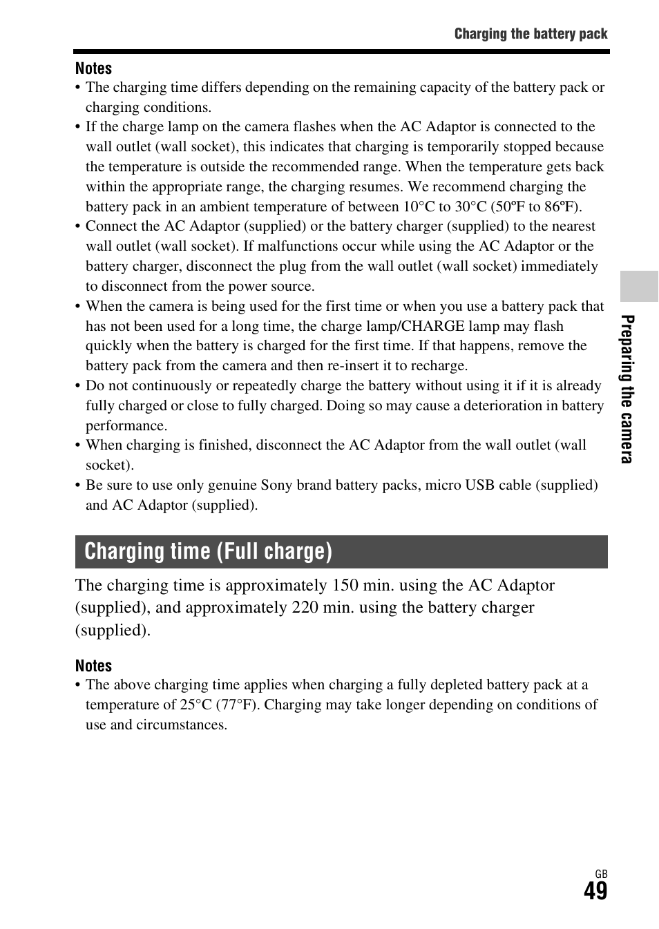 Charging time (full charge) | Sony ILCE-7S User Manual | Page 49 / 96