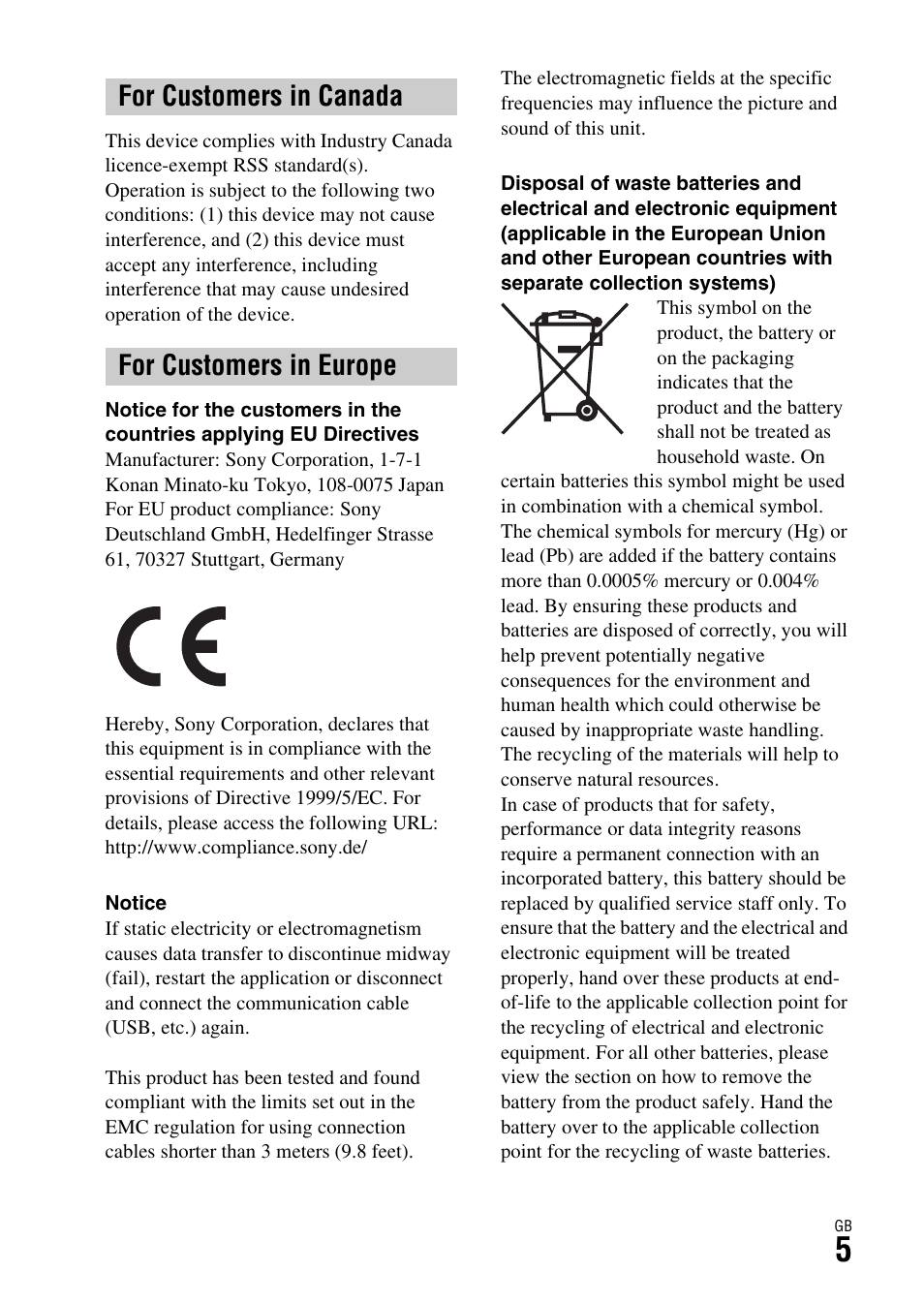 For customers in canada for customers in europe | Sony ILCE-7S User Manual | Page 5 / 96