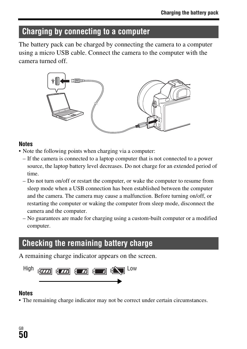 Charging by connecting to a computer, Checking the remaining battery charge | Sony ILCE-7S User Manual | Page 50 / 96