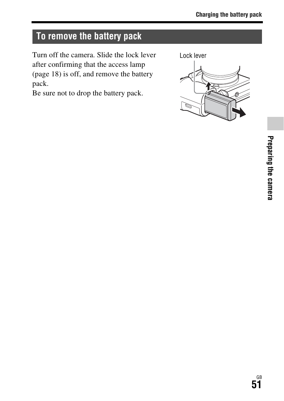 To remove the battery pack | Sony ILCE-7S User Manual | Page 51 / 96