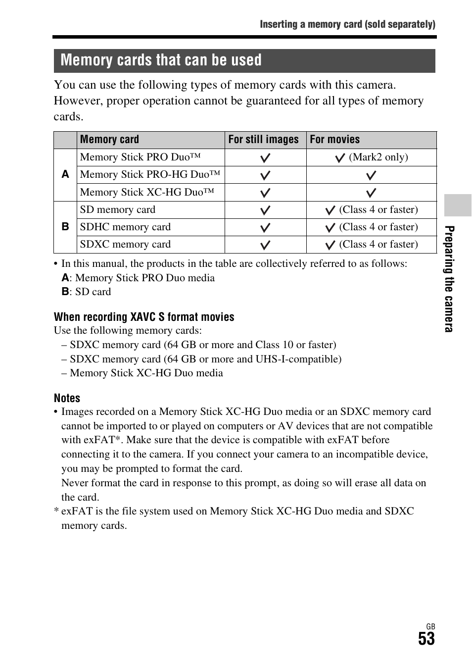 Memory cards that can be used | Sony ILCE-7S User Manual | Page 53 / 96