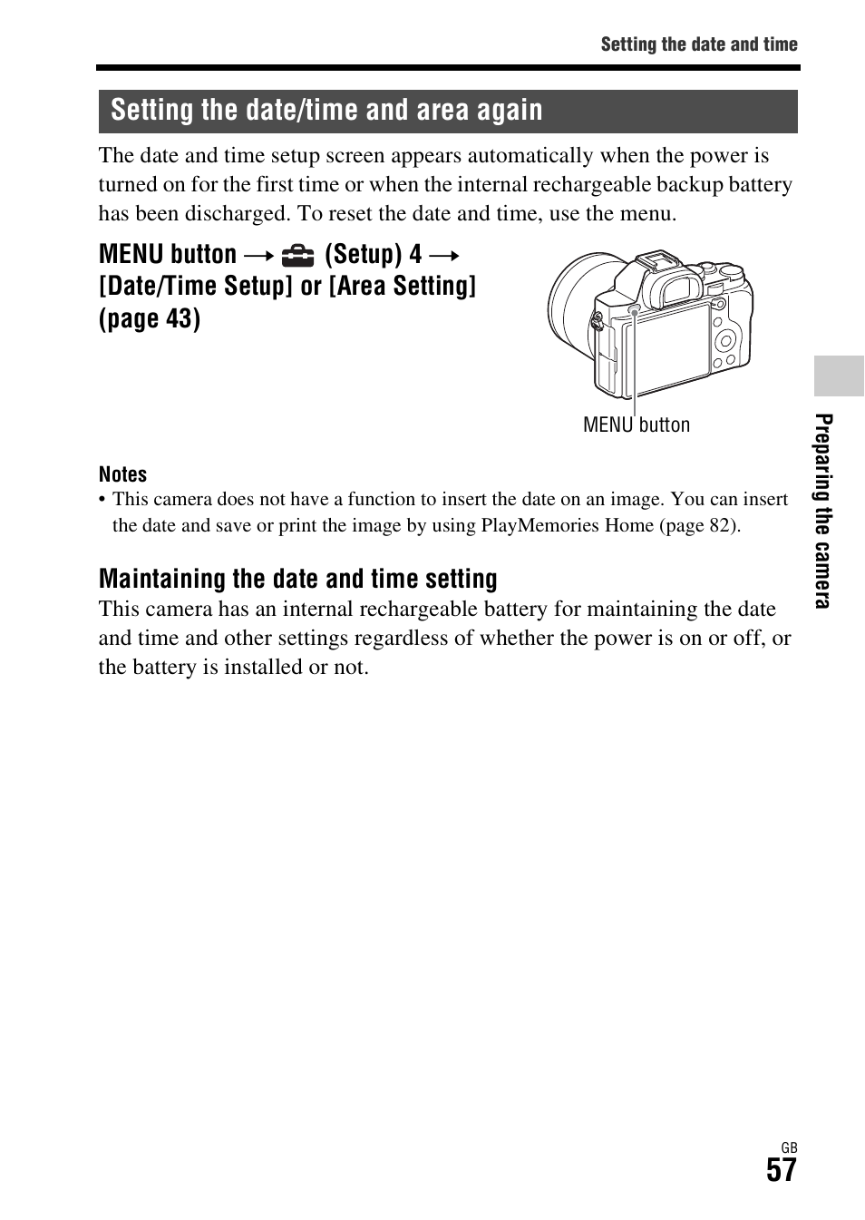 Setting the date/time and area again, Maintaining the date and time setting | Sony ILCE-7S User Manual | Page 57 / 96