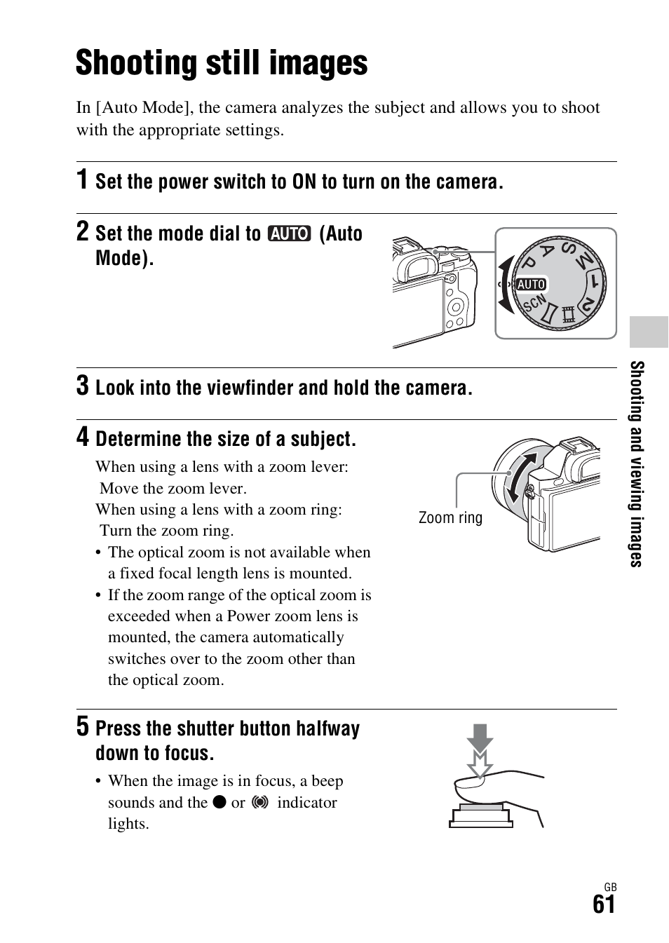 Shooting and viewing images, Shooting still images | Sony ILCE-7S User Manual | Page 61 / 96