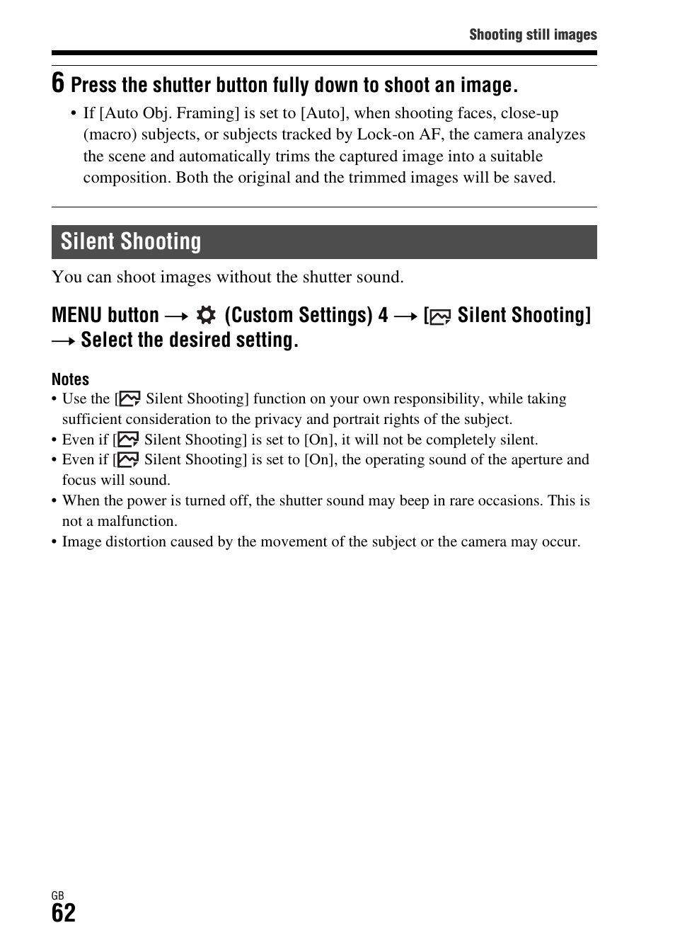 Silent shooting | Sony ILCE-7S User Manual | Page 62 / 96