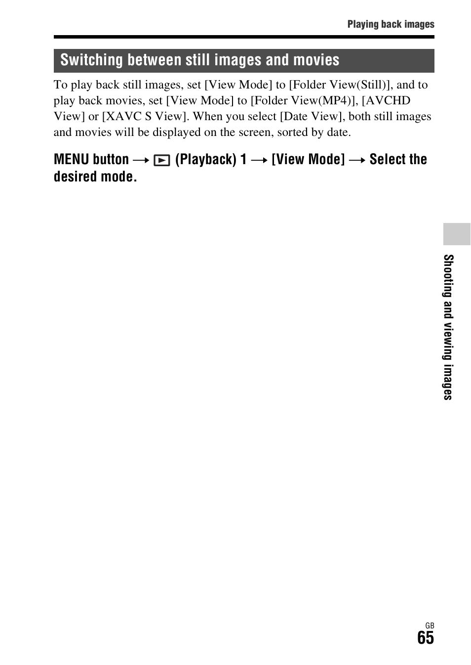 Switching between still images and movies | Sony ILCE-7S User Manual | Page 65 / 96