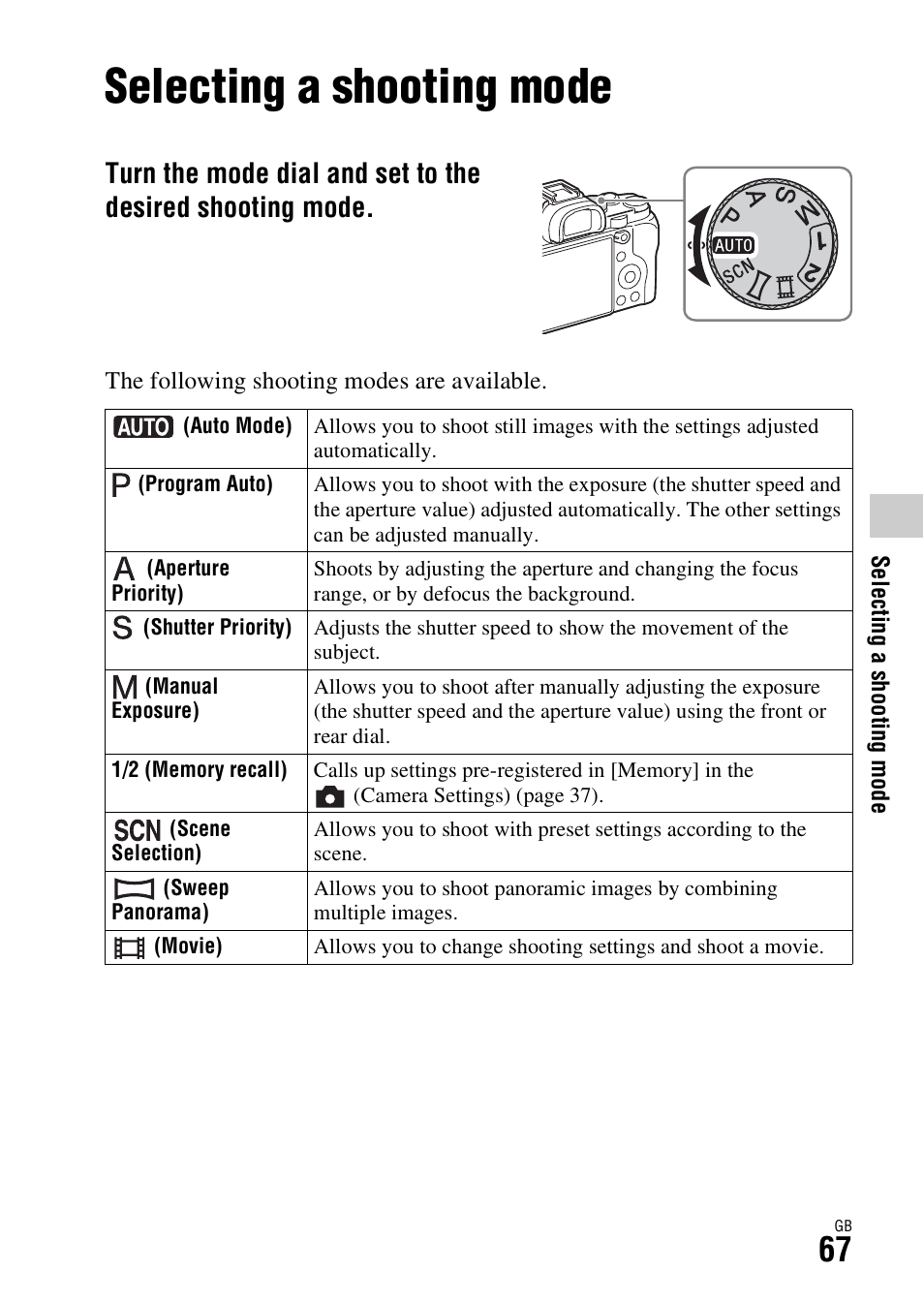 Selecting a shooting mode, De (67) | Sony ILCE-7S User Manual | Page 67 / 96