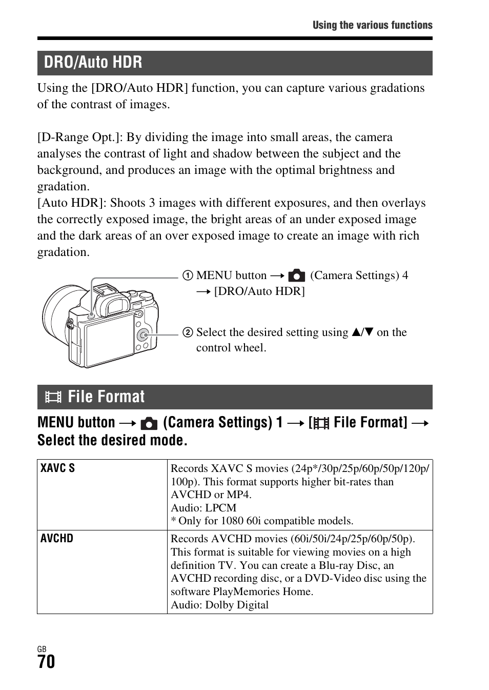 Dro/auto hdr, File format, R (70) | Dro/auto hdr file format | Sony ILCE-7S User Manual | Page 70 / 96