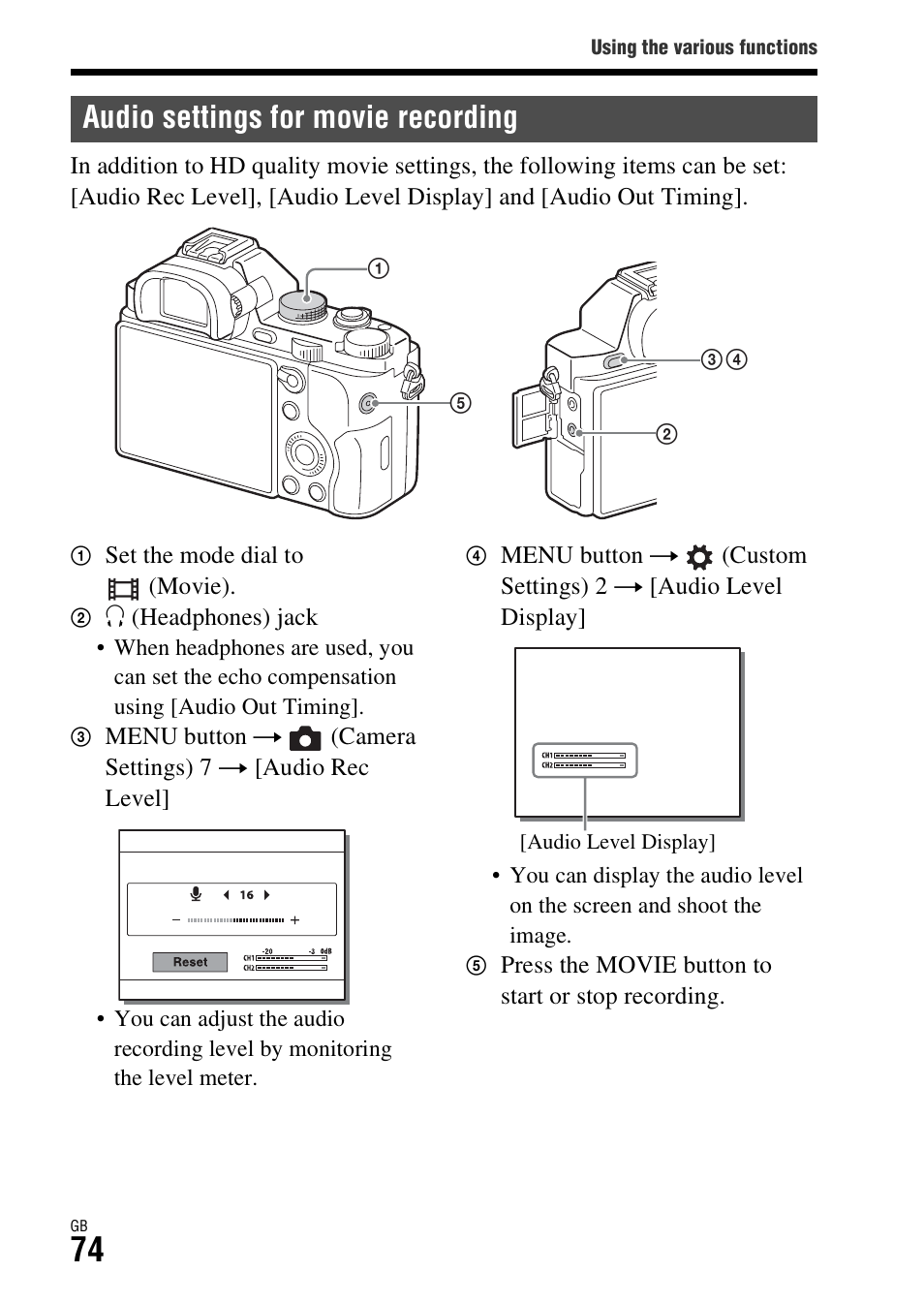 Audio settings for movie recording | Sony ILCE-7S User Manual | Page 74 / 96