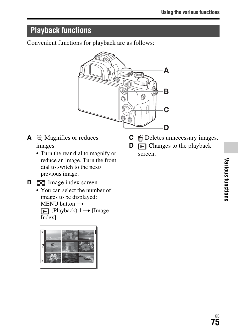 Playback functions, On (75) | Sony ILCE-7S User Manual | Page 75 / 96