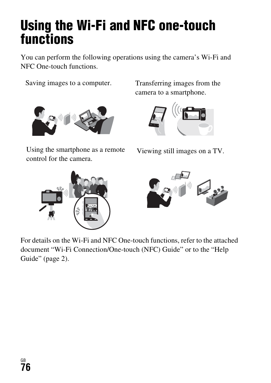 Using wi-fi functions, Using the wi-fi and nfc one-touch functions | Sony ILCE-7S User Manual | Page 76 / 96