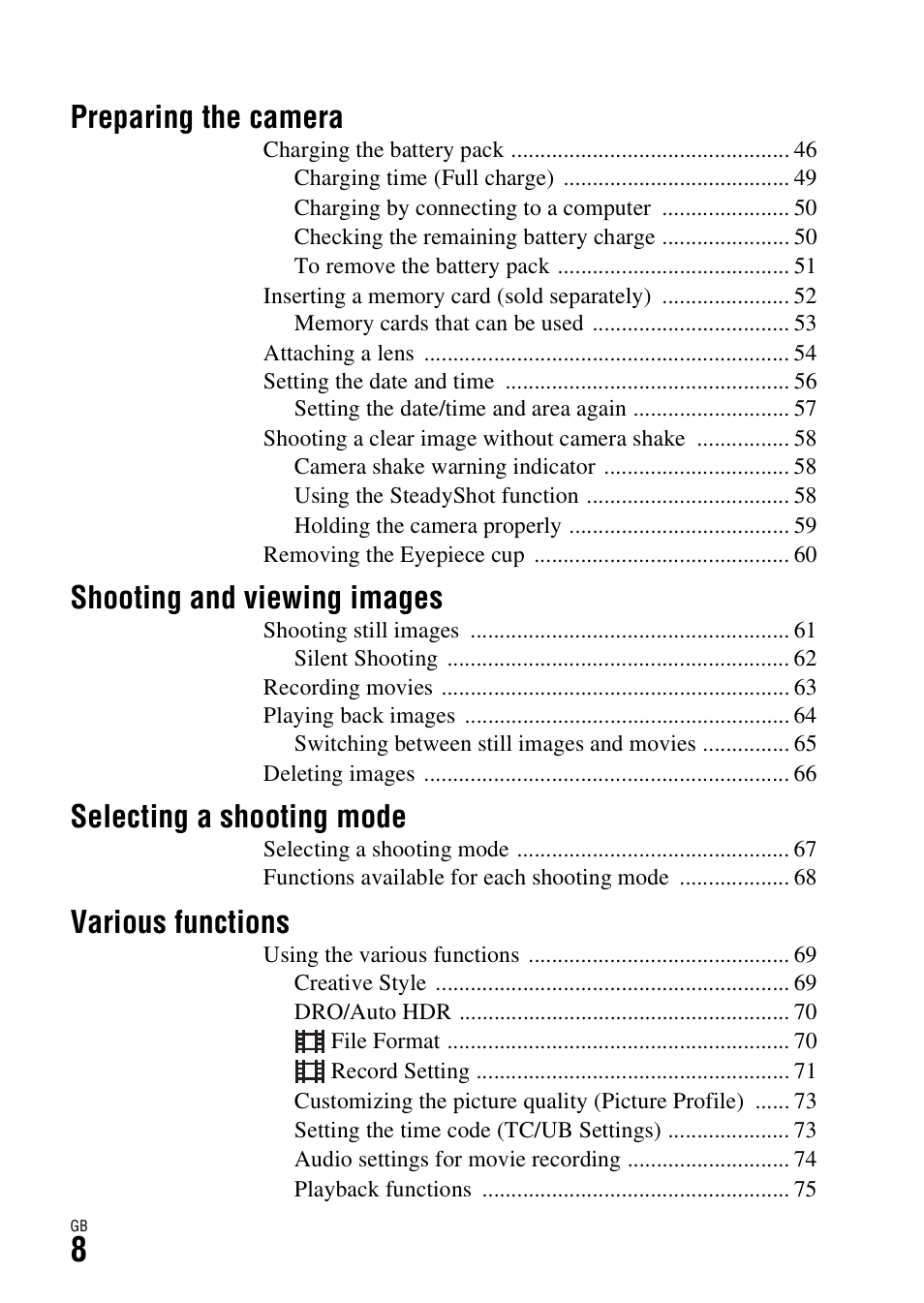 Preparing the camera, Shooting and viewing images, Selecting a shooting mode | Various functions | Sony ILCE-7S User Manual | Page 8 / 96