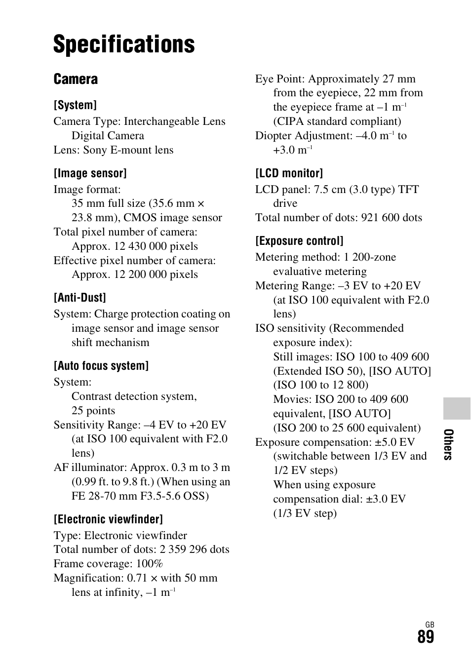 Specifications, Camera | Sony ILCE-7S User Manual | Page 89 / 96