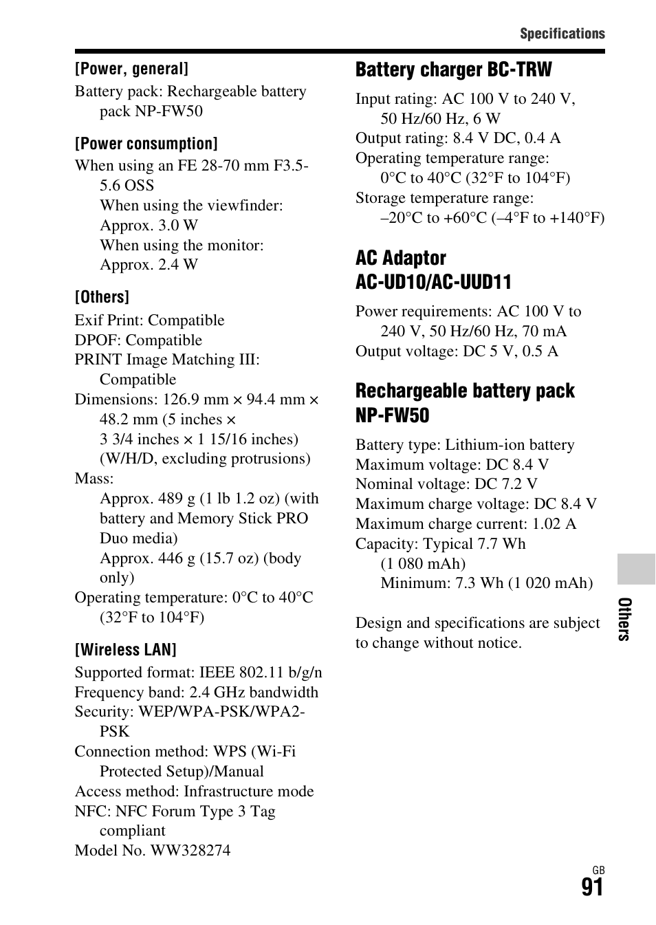 Battery charger bc-trw, Ac adaptor ac-ud10/ac-uud11, Rechargeable battery pack np-fw50 | Sony ILCE-7S User Manual | Page 91 / 96