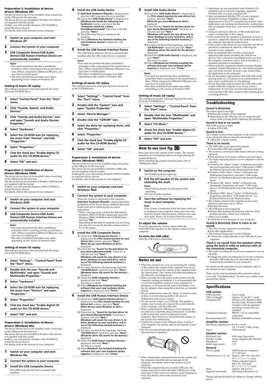 How to use (see fig. c ), Troubleshooting, Specifications | Sony SRS-T100PC User Manual | Page 2 / 4