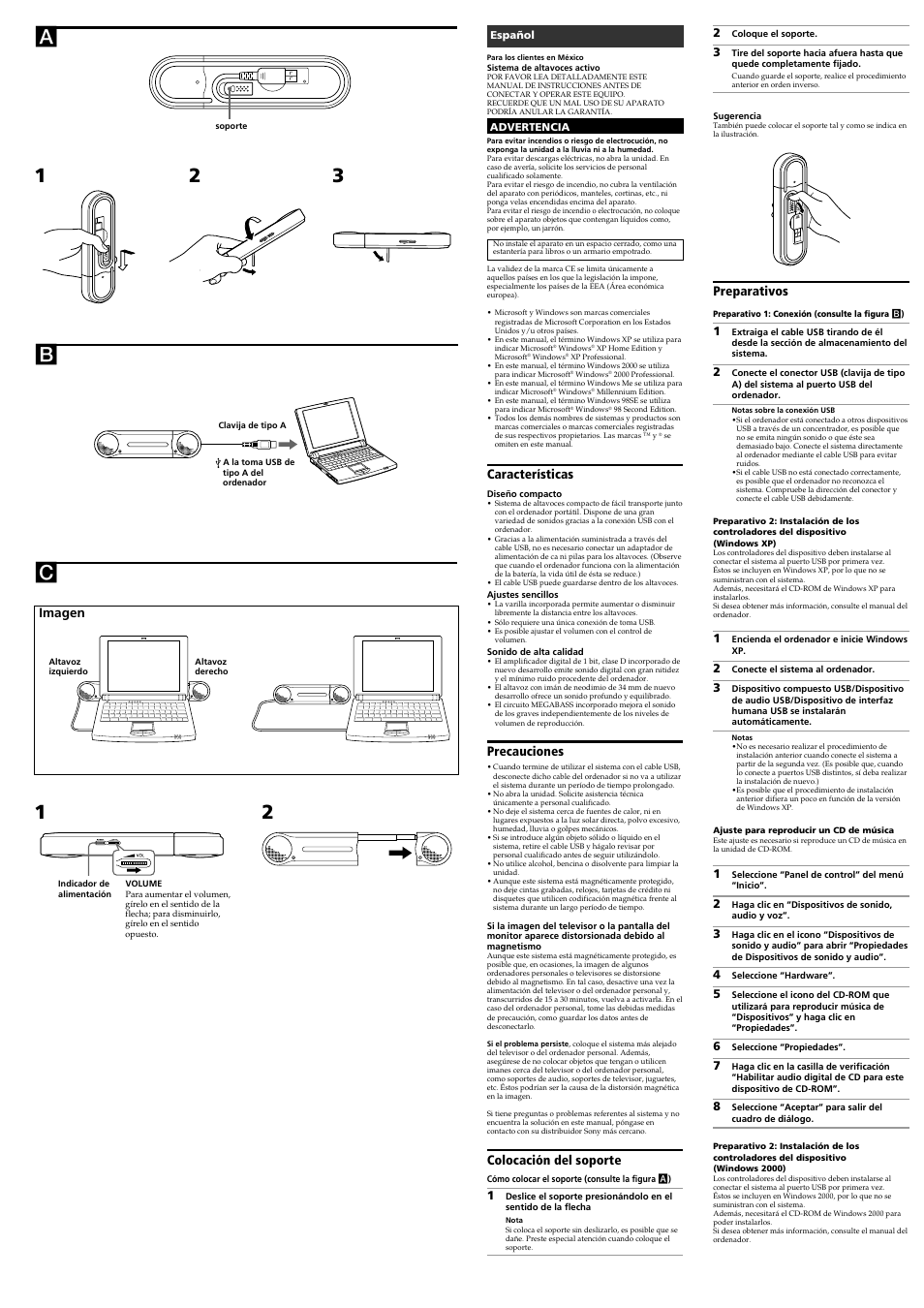 A1 2 3 c, Características, Precauciones | Colocación del soporte, Preparativos, Imagen | Sony SRS-T100PC User Manual | Page 3 / 4