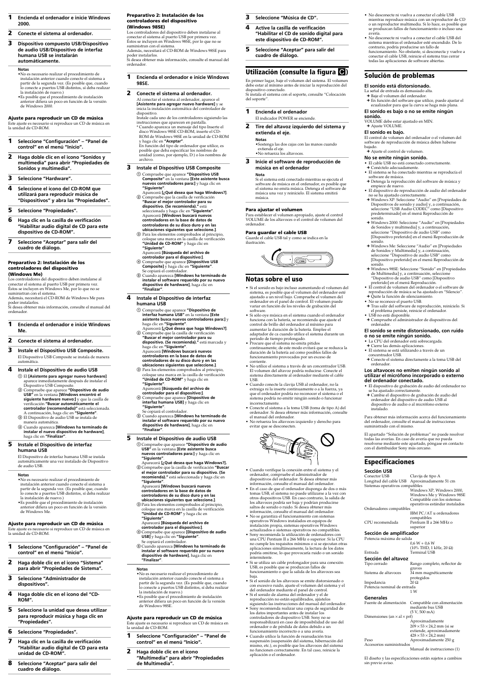 Utilización (consulte la figura c ), Notas sobre el uso, Solución de problemas | Especificaciones | Sony SRS-T100PC User Manual | Page 4 / 4