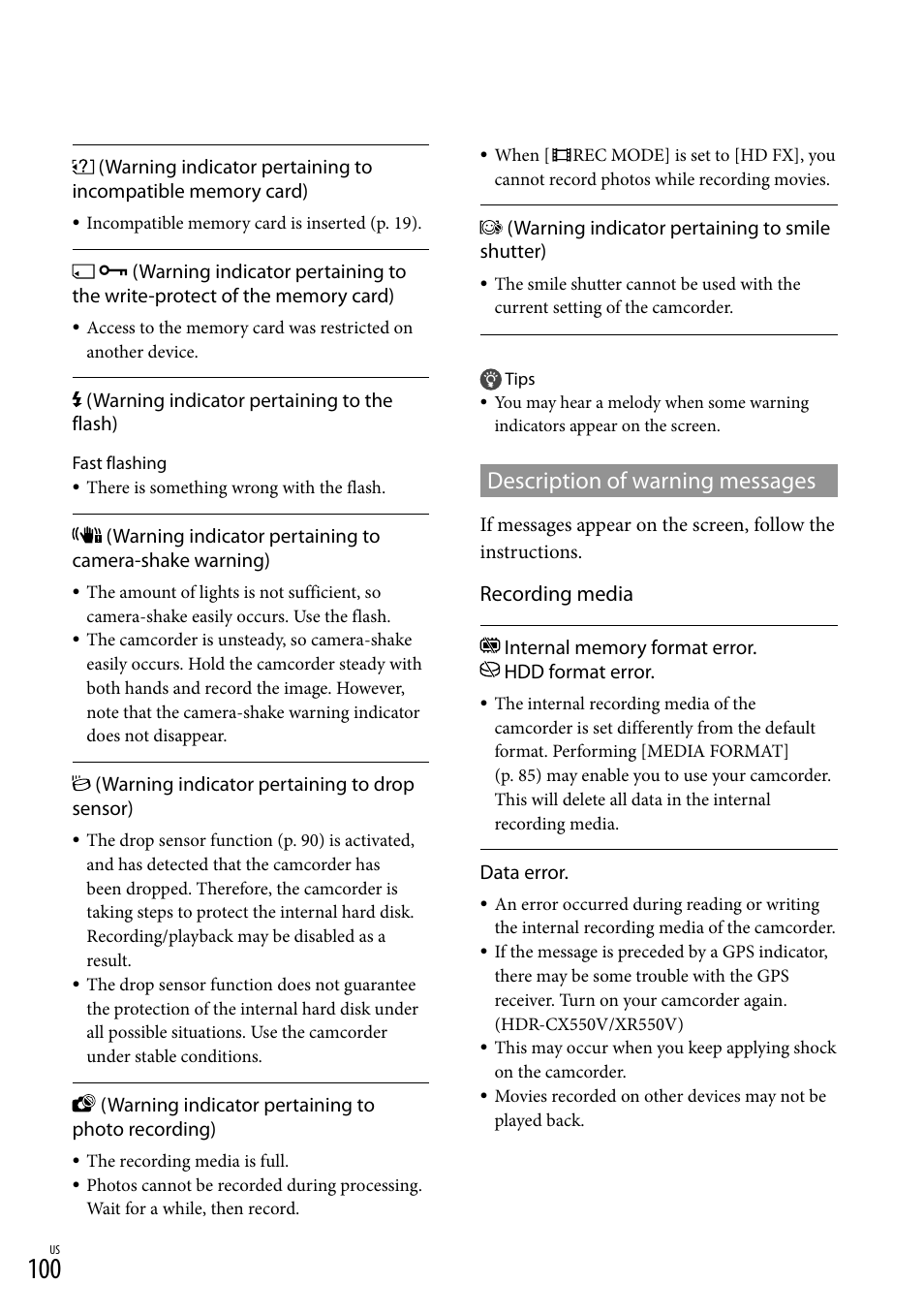 Description of warning messages, Recording media | Sony HDR-XR550V User Manual | Page 100 / 127