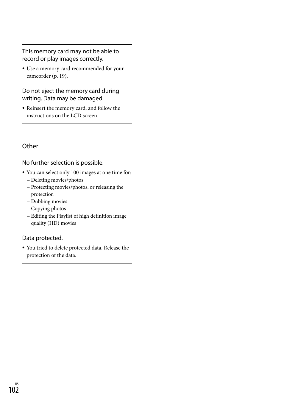 O 102), and, Other | Sony HDR-XR550V User Manual | Page 102 / 127