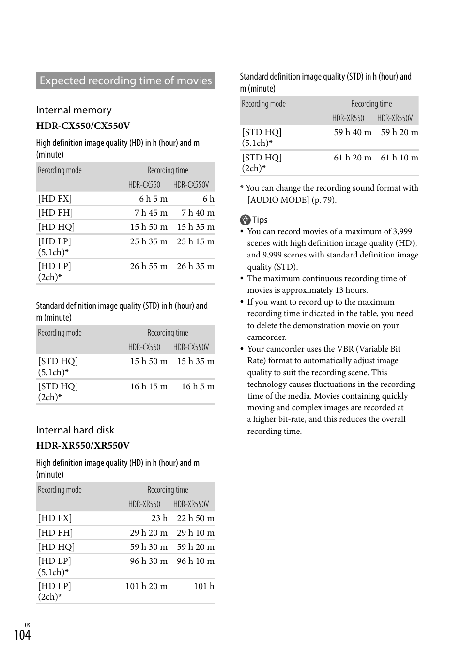 Expected recording time of movies, E 104 o, 104, 105). d | Sony HDR-XR550V User Manual | Page 104 / 127