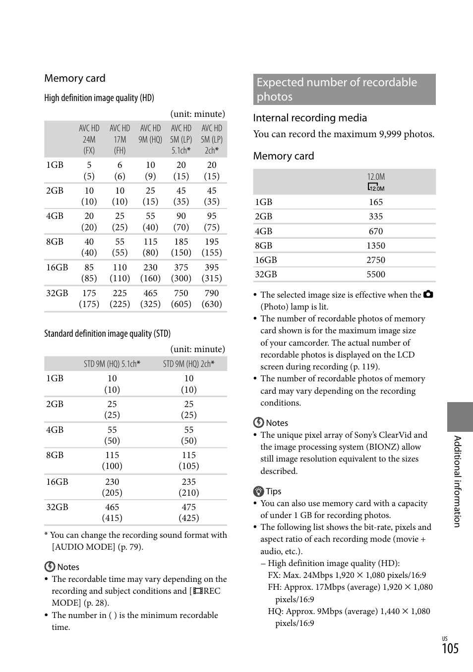 Expected number of recordable photos, E 105 f | Sony HDR-XR550V User Manual | Page 105 / 127