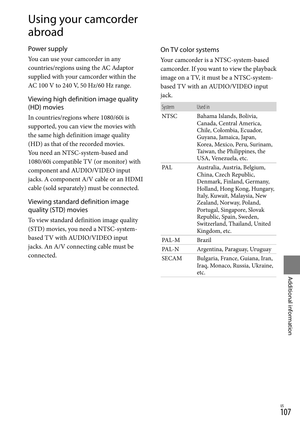 Using your camcorder abroad | Sony HDR-XR550V User Manual | Page 107 / 127