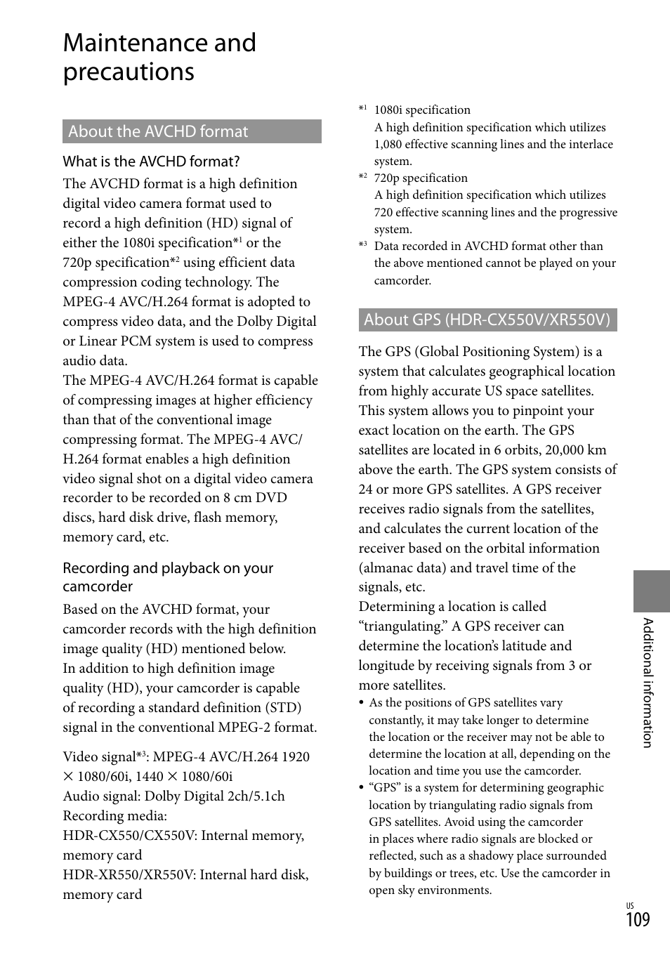 Maintenance and precautions, About the avchd format, About gps (hdr-cx550v/xr550v) | E 109 f | Sony HDR-XR550V User Manual | Page 109 / 127