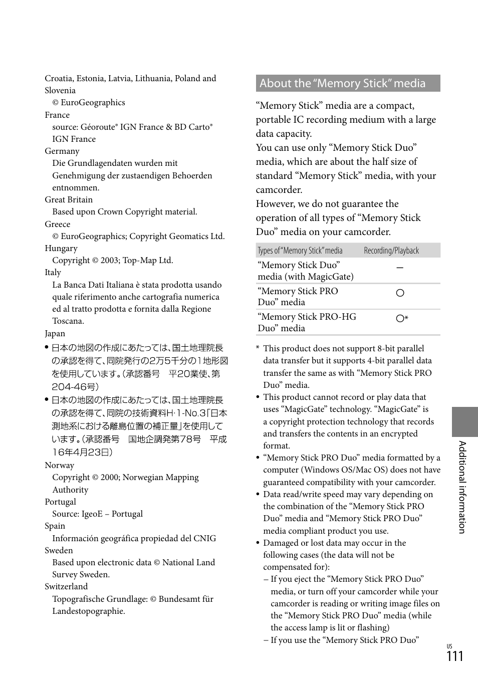 About the “memory stick” media | Sony HDR-XR550V User Manual | Page 111 / 127