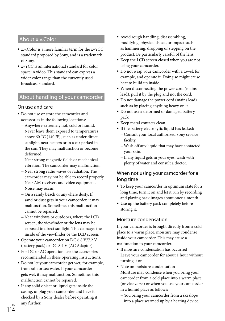 About x.v.color, About handling of your camcorder, About x.v.color about handling of your camcorder | On use and care, When not using your camcorder for a long time, Moisture condensation | Sony HDR-XR550V User Manual | Page 114 / 127